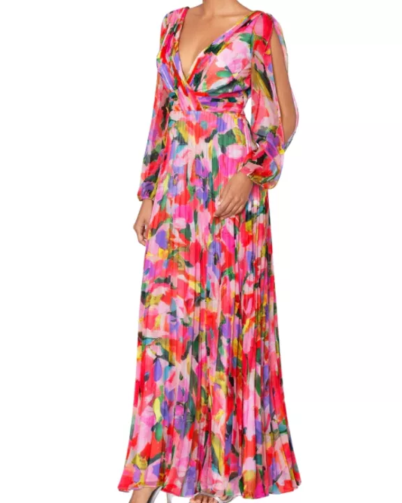 Betsy and Adam Amber Print Deep V-Neckline Long Sleeves Back Zipper Flowy Skirt Floor Length Dress