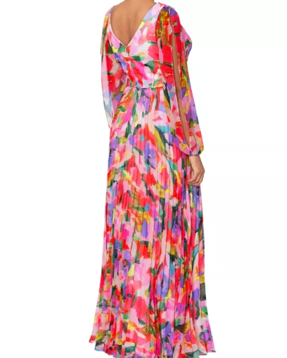 Betsy and Adam Amber Print Deep V-Neckline Long Sleeves Back Zipper Flowy Skirt Floor Length Dress