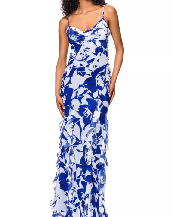 Betsy and Adam White Royal Print Georgina Draped Cowl Neckline Spaghetti Straps Cascading Ruffle Details Back Zipper Flowy Skirt Floor Length Dress