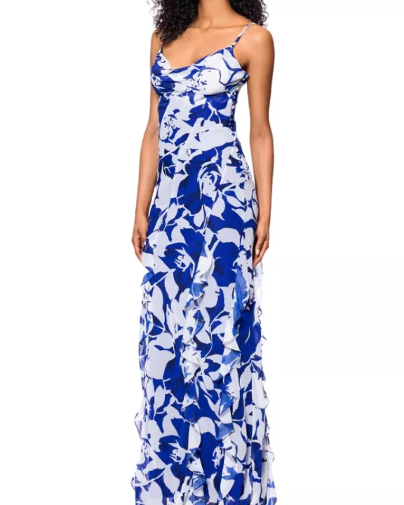 Betsy and Adam White Royal Print Georgina Draped Cowl Neckline Spaghetti Straps Cascading Ruffle Details Back Zipper Flowy Skirt Floor Length Dress