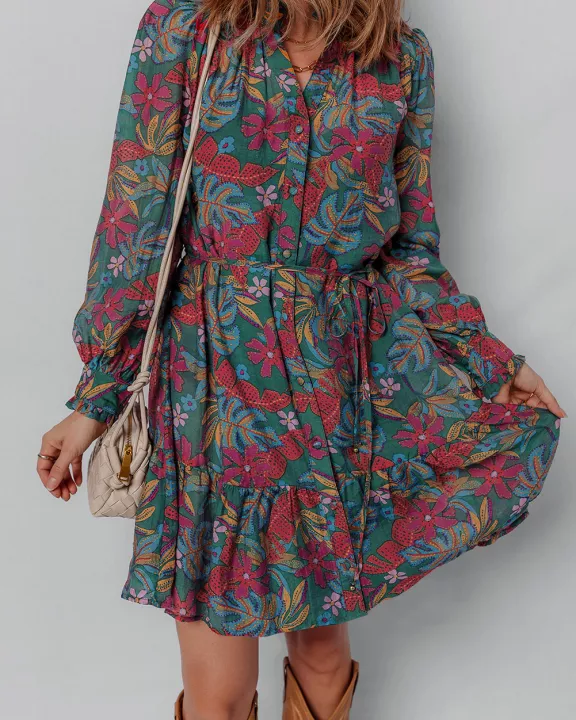 Maria Floral V Neck Puff Sleeve Dress