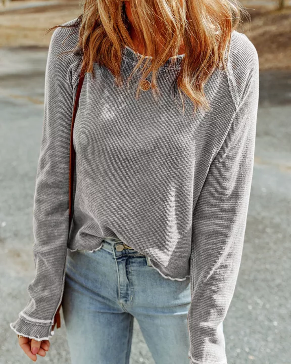 Daisy Textured Round Neck Long Sleeve Top