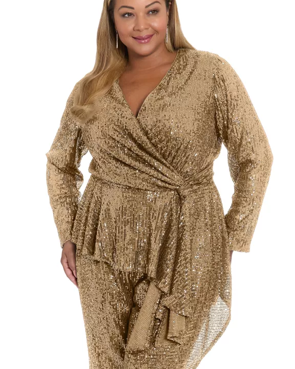LONG SLEEVE FAUX WRAP ASYMMETRICAL SEQUIN TOP