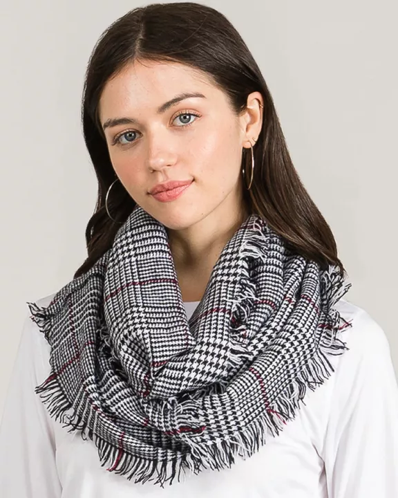 PLAID TARTAN DOUBLE LOOP INFINITY SCARF WITH FRINGE