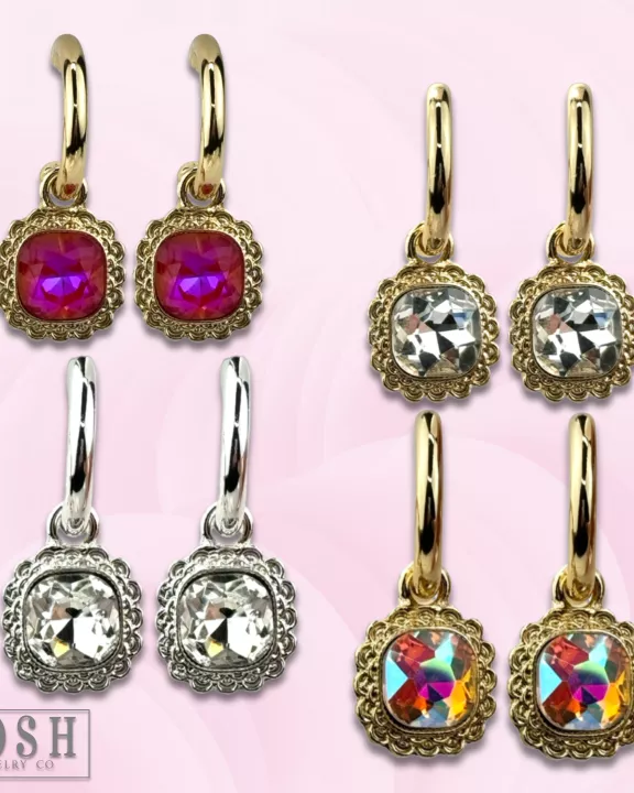 Square rhinestone dangle hoop earring