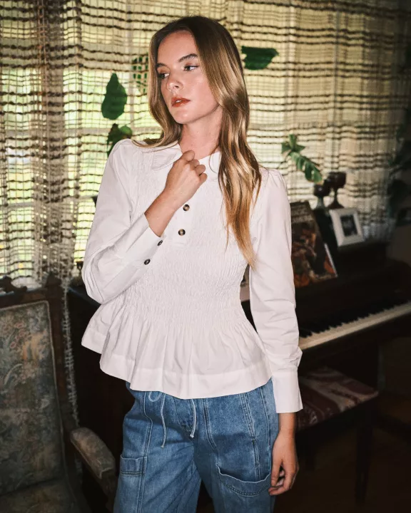 AJT5237 SMOCKED PETERPAN COLLAR PEPLUM BLOUSE