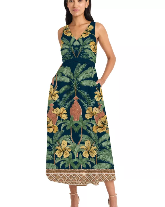 PRINTED V-NECK SLEEVELESS MIDI DRESS