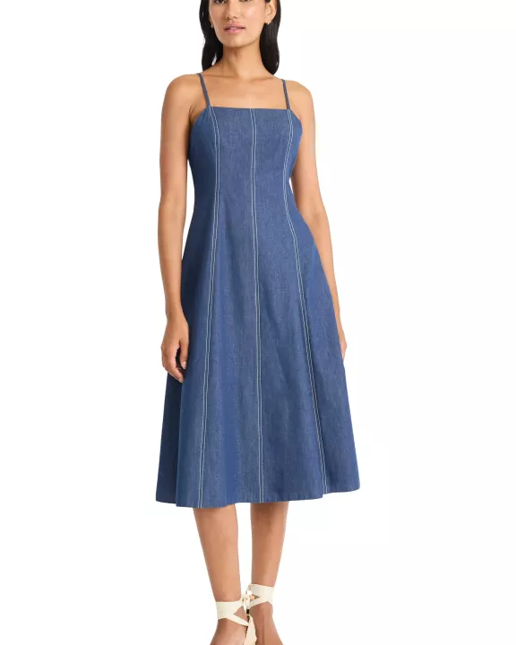 SLEEVELESS CHAMBRAY MIDI DRESS W/ TOPSTITCHING