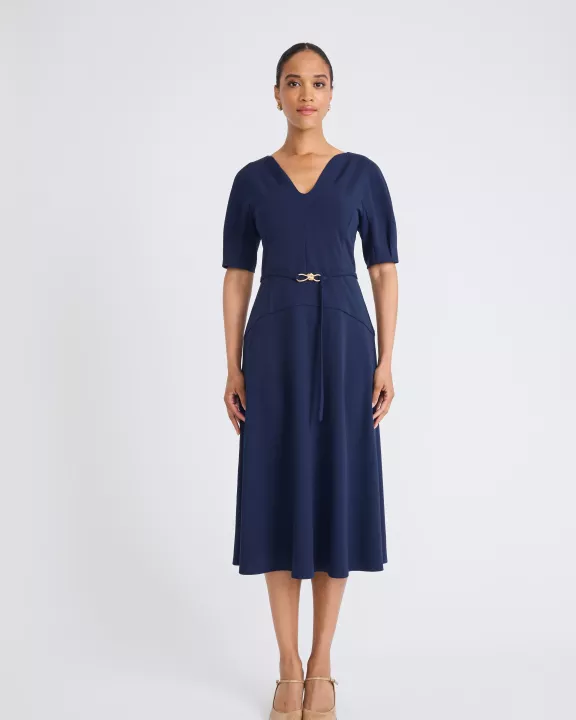 BELTED V-NECK MIDI DRESS