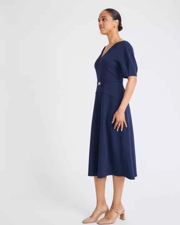 BELTED V-NECK MIDI DRESS