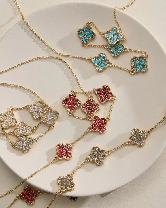 Gold Station Necklace with Pavé Crystal Charms