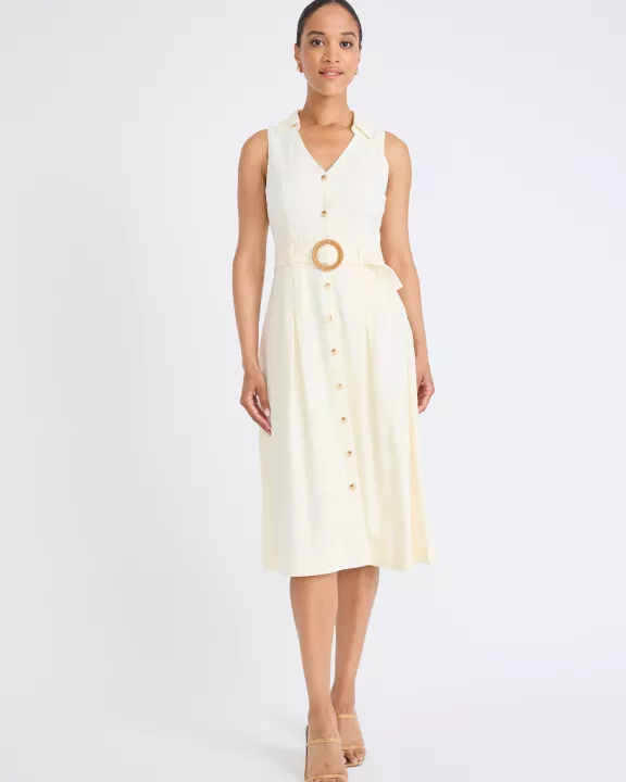COLLARED V-NECK BELT DETAIL MIDI DRESS