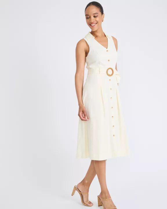 COLLARED V-NECK BELT DETAIL MIDI DRESS