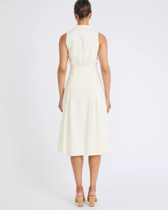 COLLARED V-NECK BELT DETAIL MIDI DRESS