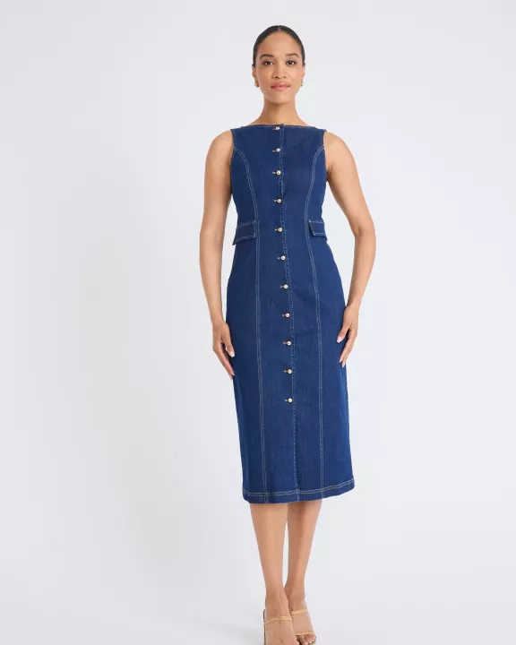 SLEEVELESS BUTTON DETAIL MIDI DRESS
