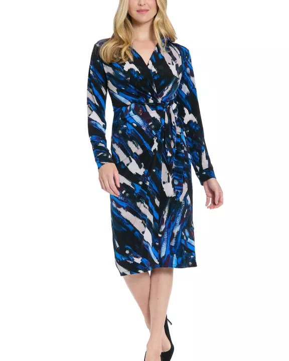 FAUX WRAP SIDE TIE LONG SLEEVE MIDI DRESS