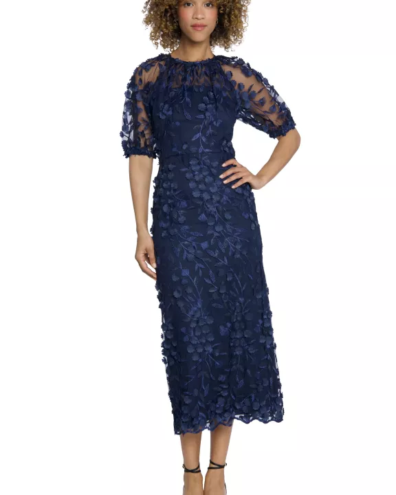 FLORAL ILLUSION PUFF SLEEVE MIDI DRESS W/ KEYHOLE