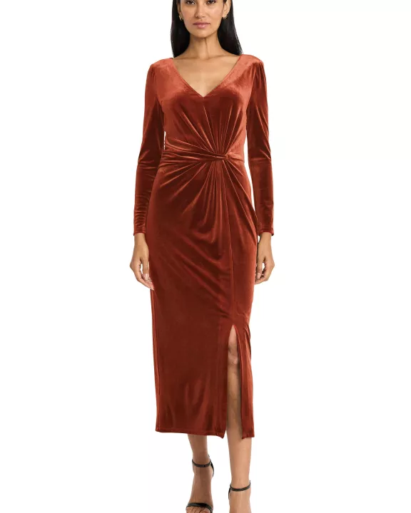 V NECK MIDI DRESS W/ DRAPED KNOT AT WAIST AND SLIT