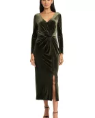 V NECK MIDI DRESS W/ DRAPED KNOT AT WAIST AND SLIT