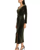 V NECK MIDI DRESS W/ DRAPED KNOT AT WAIST AND SLIT