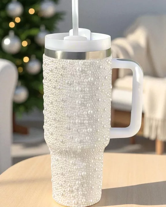 40 oz White Pearl Studded Tumbler