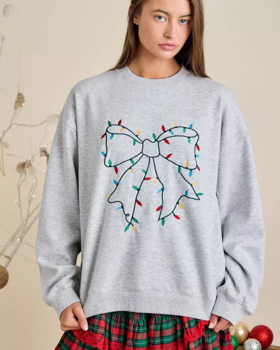 Christmas Light Ribbon Bow Embroidered Crewneck Fleece Top