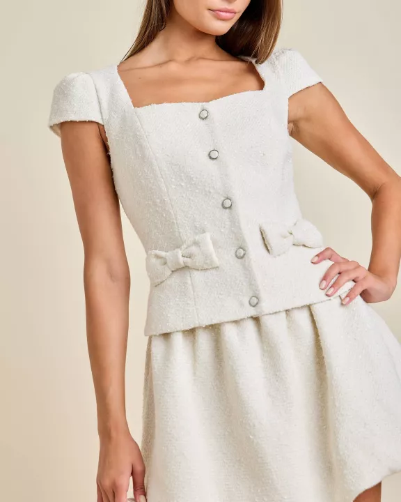 BOW DETAILED BUBBLE SKIRT MINI TWEED DRESS