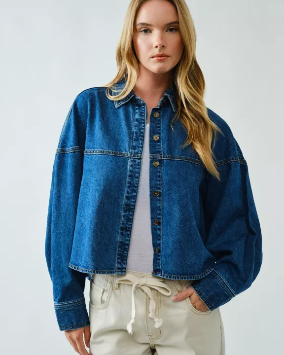 AJT5413 BALLON SHOULDER DENIM BUTTON UP SWING SHIRTS