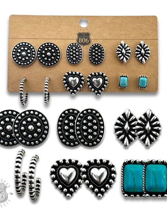 Western silver beaded look earring set