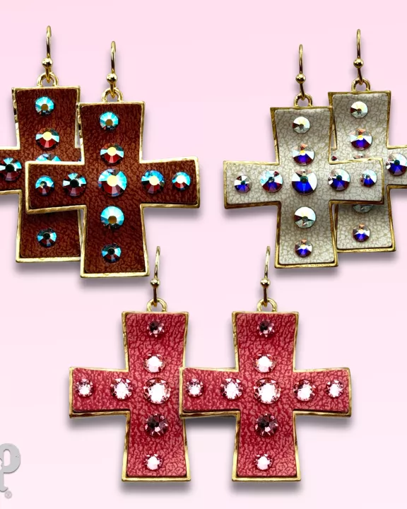 Leather cross earring with Austrian crystals
