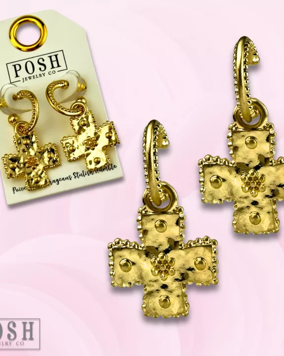 Gold square cross earring