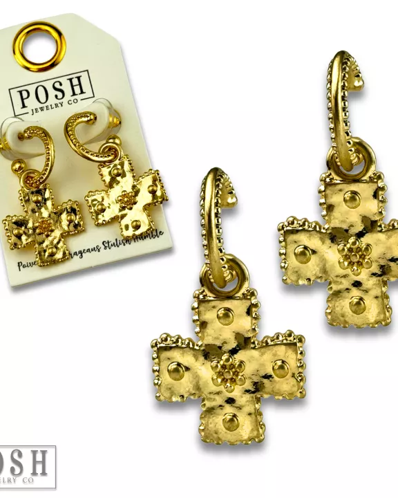 Gold square cross earring