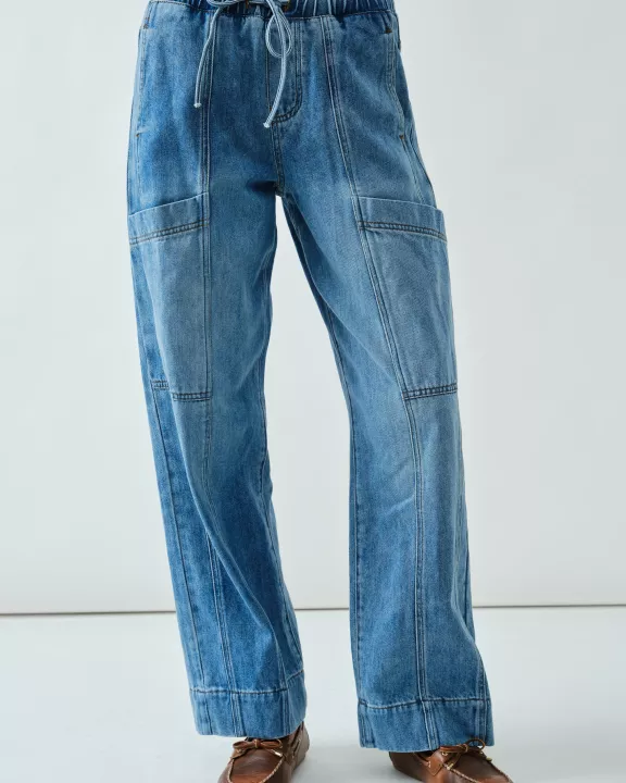 AJP5229 DRAWSTRING WAIST STRAIGHT SOFT DENIM PANTS