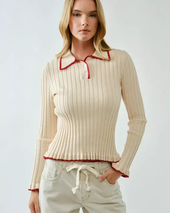 AJT5341 SUPER SOFT POLO RIB SWEATER TOP WITH RUFFLES