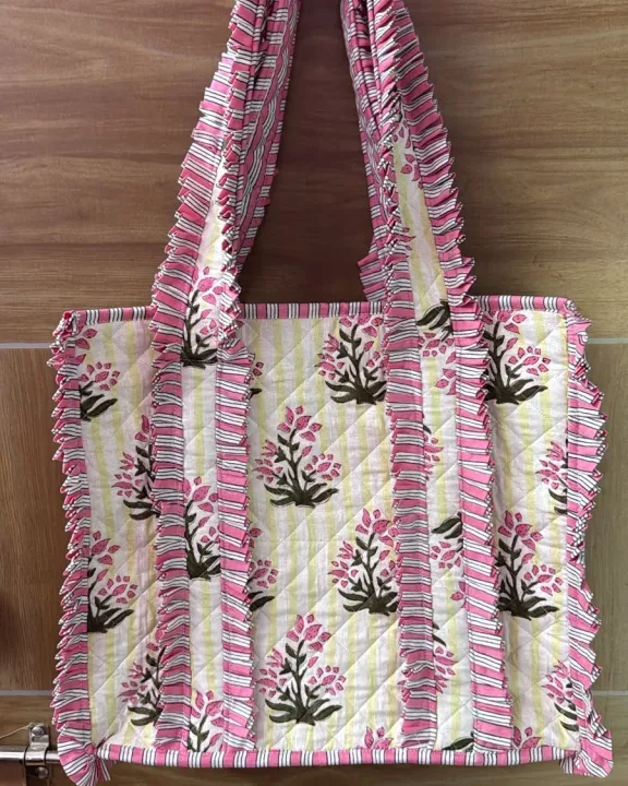 Ruffled Garden Block Print Quilted Bag Collection (shipping estimate 9/22)