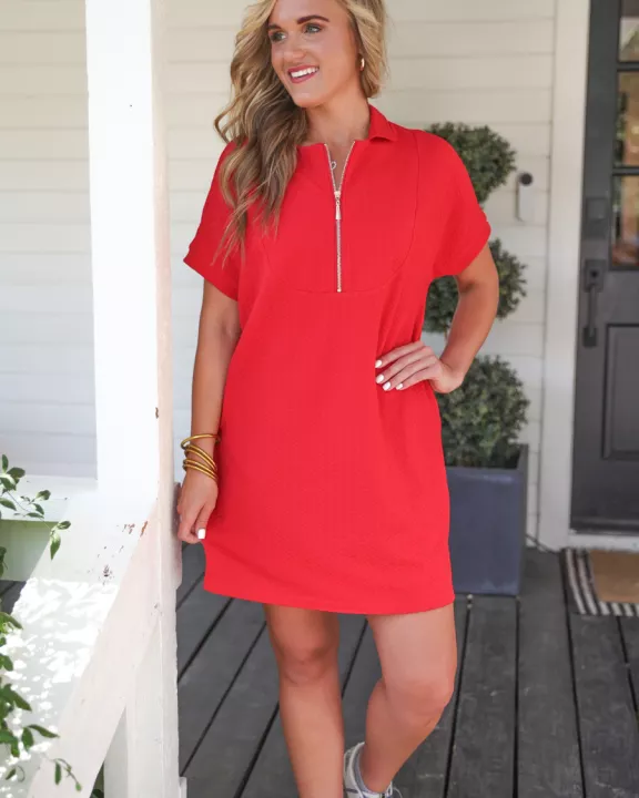 Ezra Textured Zipper Dress- Red