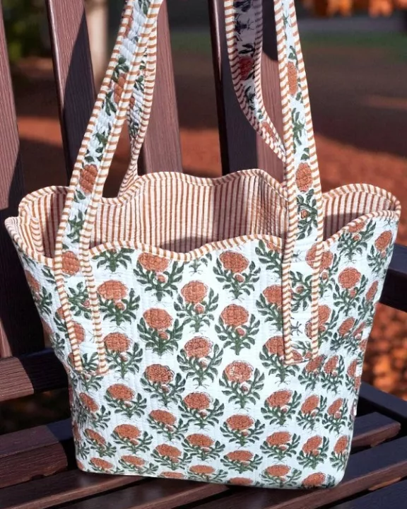 ETA 9/8 - Clancy Orange Floral Scalloped Tote Bag