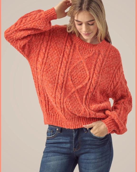 Crew Neck Relaxed Fit Cable Sweater