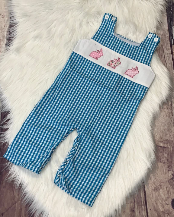 Boy's Embroidered Pink Bunnies Blue Checkered Longall Romper
