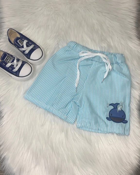 Light Blue Embroidered Whale Seersucker Shorts