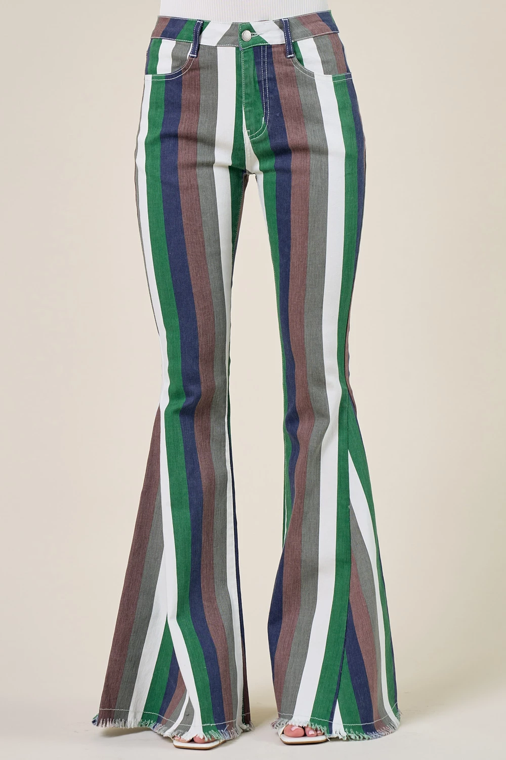 SIP6145A HUNTER GREEN MULTI STRIPED DENIM FLARES