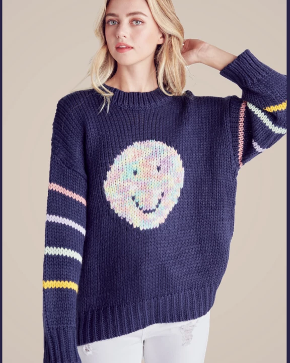 Pastel Smiley Face Knit Sweater With Stripe Detail