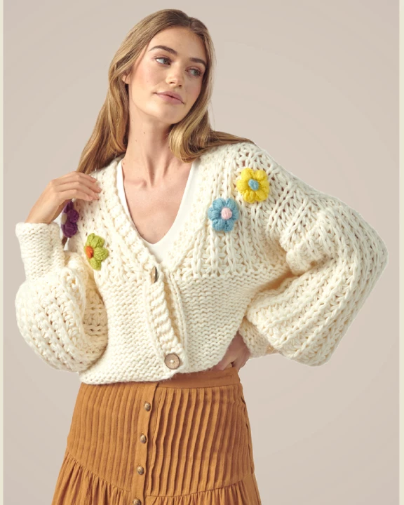 Flower Hand Knitted Cropped Cardigan