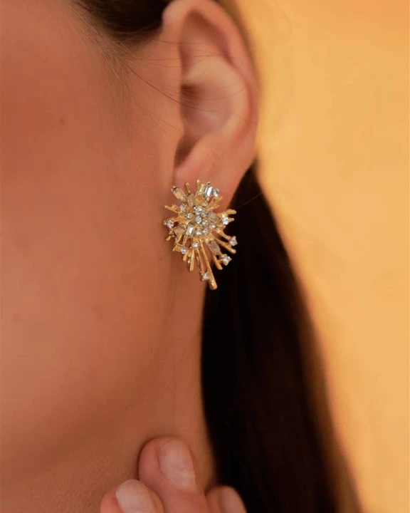 Dark Gold Sparkle Firework Shaped Rays Faux Gem Earrings / 3 PER PACK