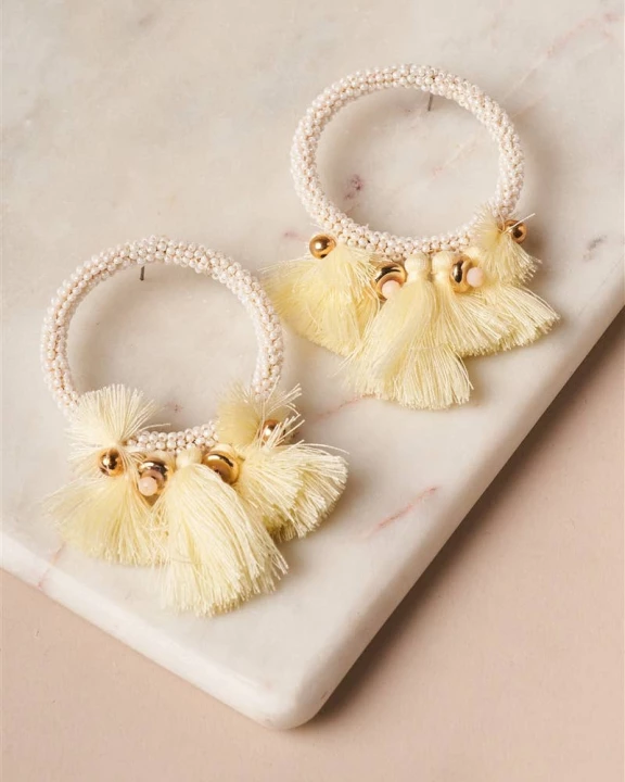 White Yellow Beaded Hoop Tassel Earrings / 1 PER PACK