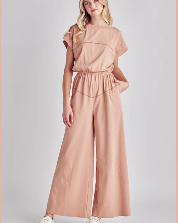 Extended Shoulder High Waist Wide Leg Jumpsuit