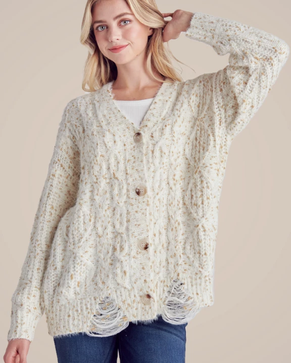 Distressed Metallic Cable Knit Fuzzy Cardigan