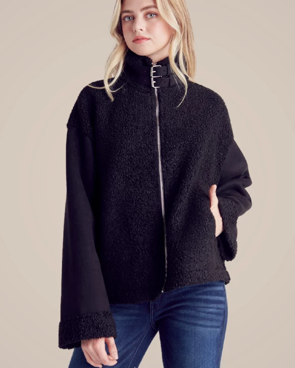 Buckle Collar Sherpa Fleece Suede Jacket