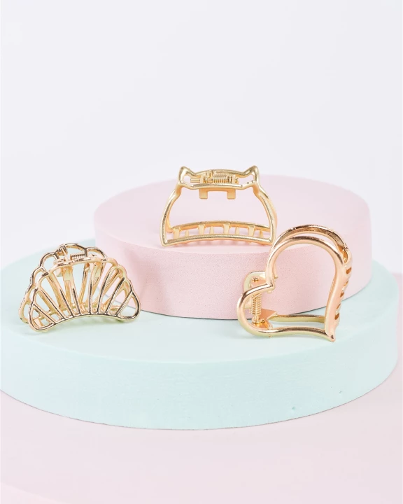 Gold Small Heart Shaped Cut-Out Hair Clip /3 Pieces