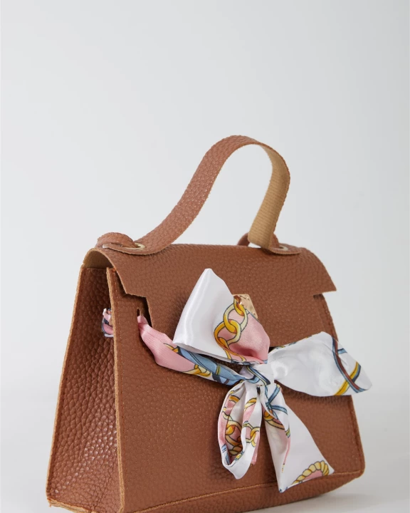 Camel Textured Pleather Satin Printed Twilly Scarf Detail Flap Satchel Handbag /3 Bags